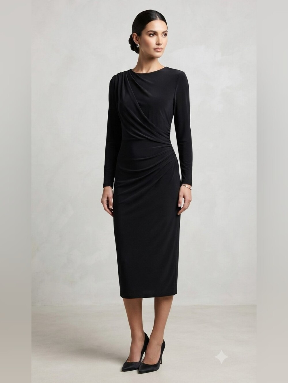 Alexia Admor Black Ruched Long Sleeve Midi Cocktail Dress